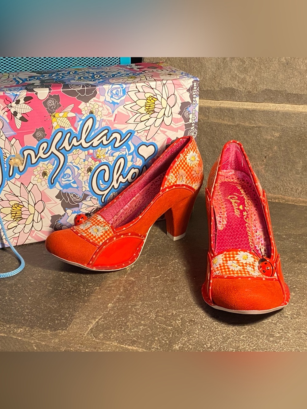 Irregular Choice Little Ladybug pumps w/box,red suede/gingham daisies,ladybug,8